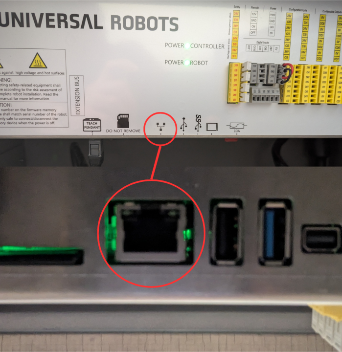 Ethernet cable connected to the robot controller